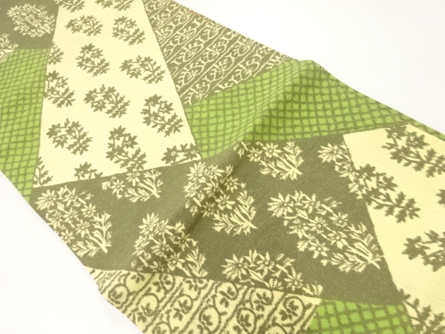 JAPANESE KIMONO / ANTIQUE FUKURO OBI / SILK / HAND WOVEN TSUMUGI / KIRIBAME STYLE / FLORAL PLANTS